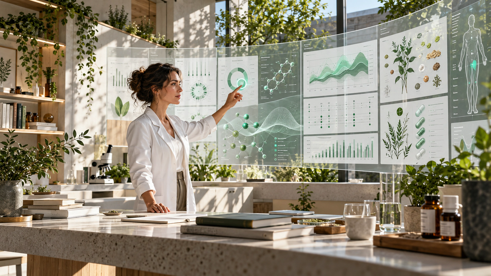 A practitioner directing a large translucent clinical intelligence surface in a bright, plant-filled workspace