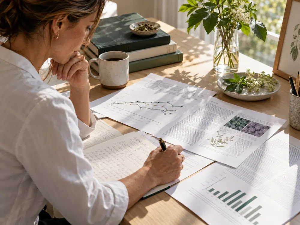 A practitioner reviewing research papers, clinical charts, and handwritten notes at a bright desk