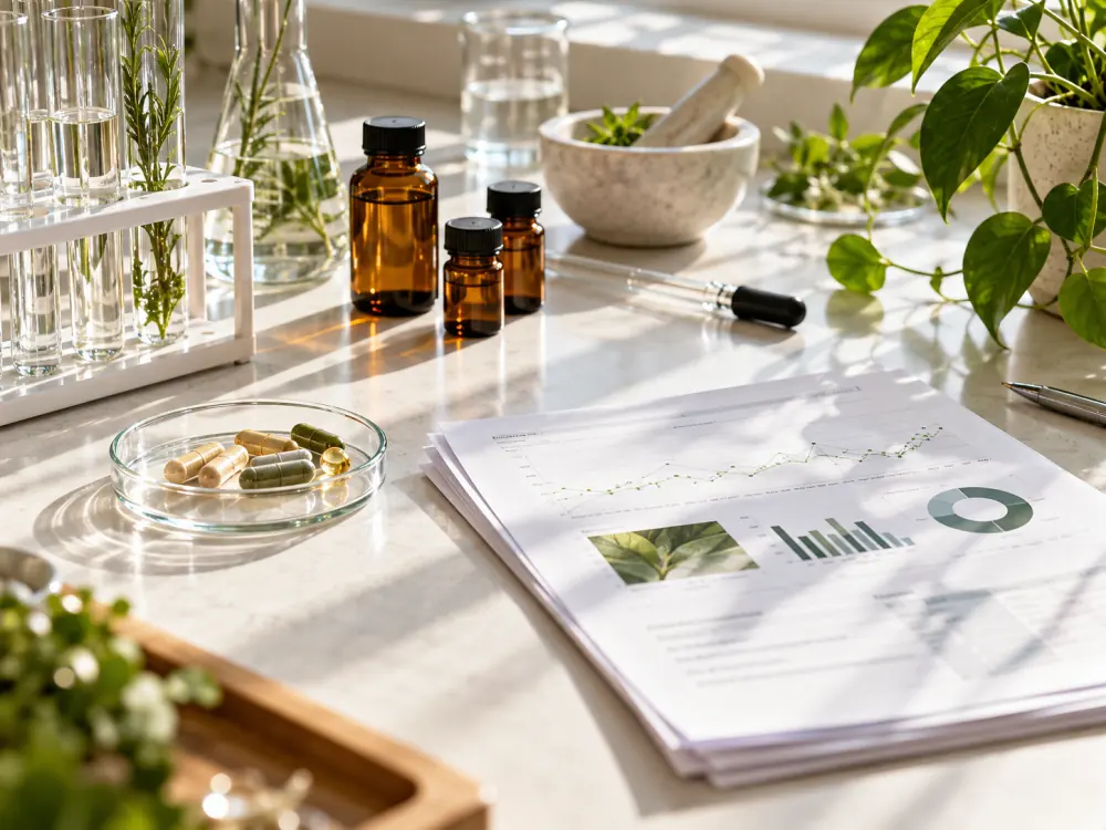 Specialty lab reports, supplements, glassware, and botanical materials in natural daylight