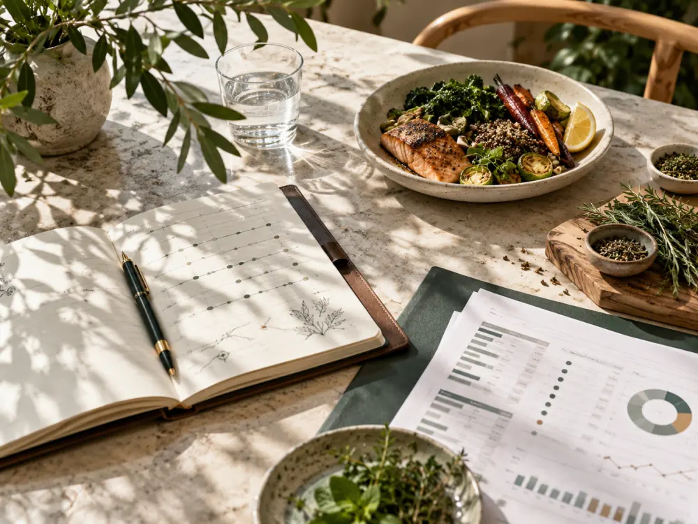 A balanced meal, herbs, clinical notes, and lab charts on a sunlit table